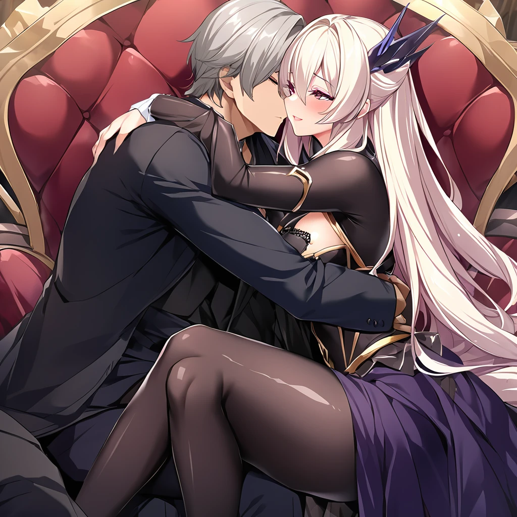 ((Highest quality)), ((masterpiece)), (detailed), (Perfect Face)、The woman is the evil queen Dark Extia, with medium-long silver hair, an engagement ring, and a happy look on her face as she hugs the man.、The man is the evil king, Naioro, a handsome man with medium-long blonde hair, wearing a black bodysuit and embracing a woman.、A man and a woman are sitting close together, embracing and kissing on a luxurious throne、A man and a woman are a deeply loving couple