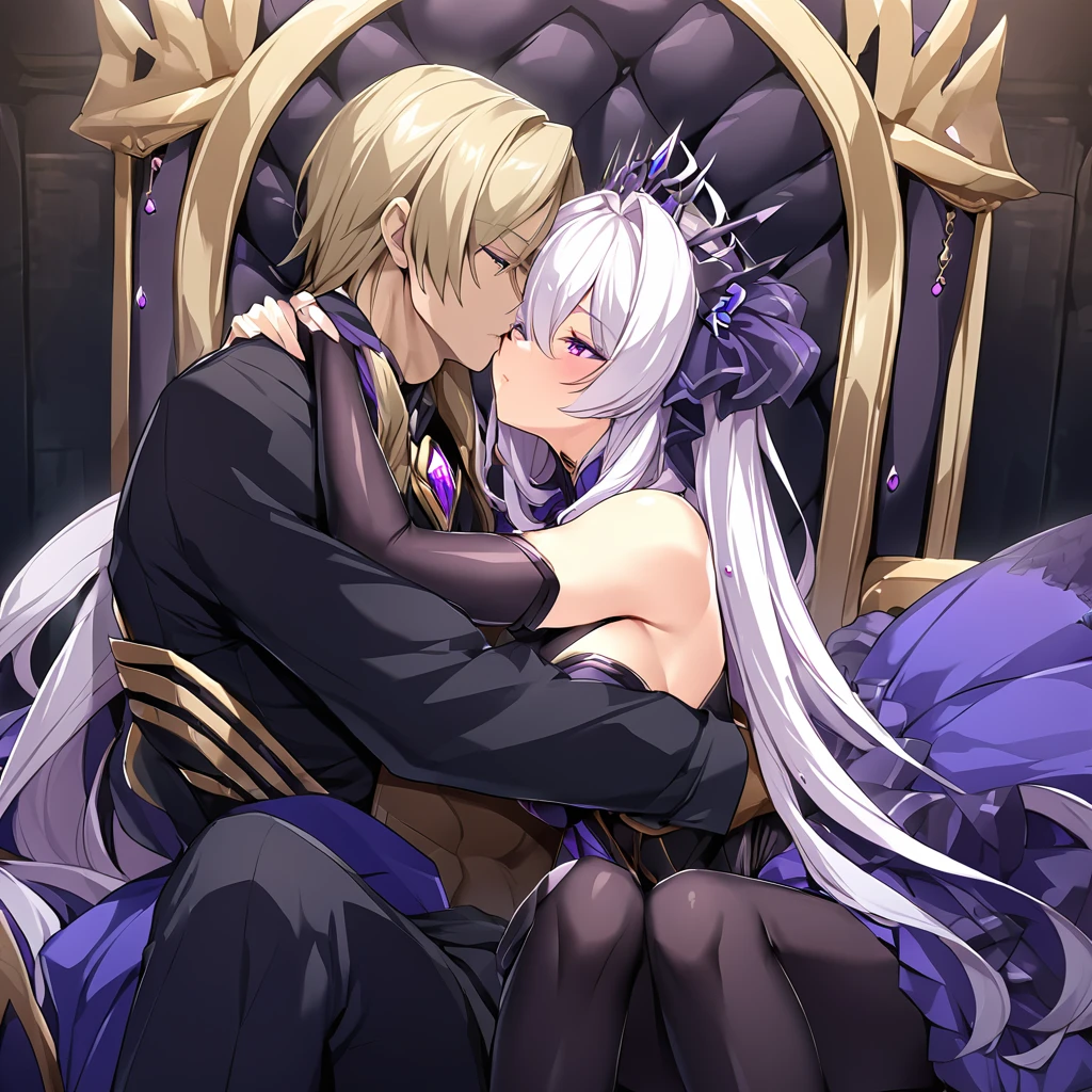 ((Highest quality)), ((masterpiece)), (detailed), （Perfect Face）、The woman is an Exstia, a transforming heroine with semi-long blue hair.、The man is the evil leader, Naioro, a handsome man with medium-long blonde hair and a black bodysuit.、A woman and a man are hugging each other, kissing, making love and having sex