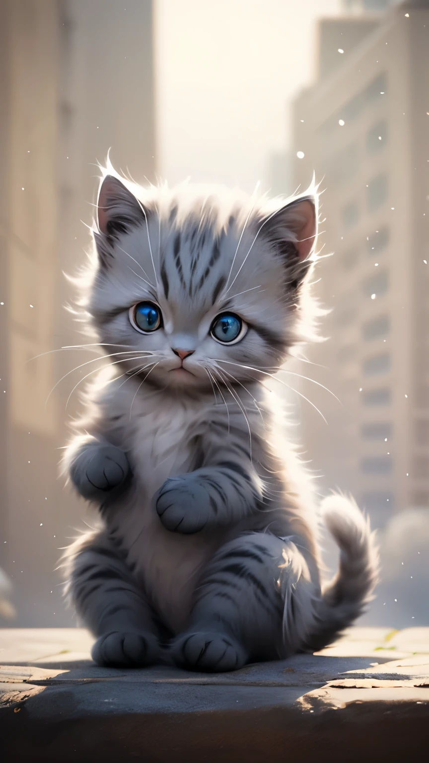 ((gray kitten)), with big blue eyes, ((only gray fur)), It is on the planet Namec, Capsule corporation, combat clothing from the dragon ball series, waving the paw in the air, curved pata, in focus, beautiful, adorable eyes, depth of field, Dreamer, trend on Artstation, depth of field, bokeh, chromatic aberration effect, Siamese cat, house cat, profile shot of face, sitting, white room, (small black ears), (black nose), beautiful adult cat,