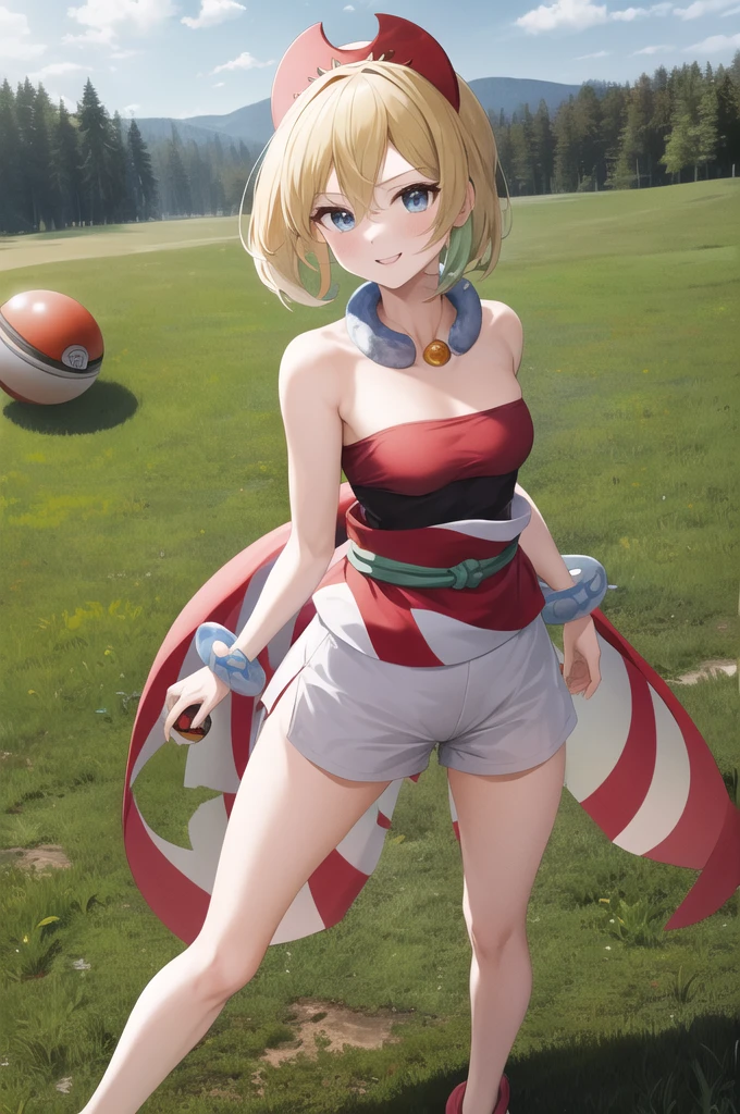 vaginal,sex,masterpiece, best quality, highres, aairida, short hair, red hairband, neck ring, collar, strapless shirt, red shirt, bracelet, sash, waist cape, white shorts, bare legs, standing, cowboy shot, outdoors, field, holding poke ball, poke ball, smile,