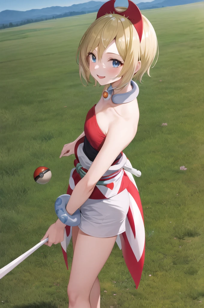 vaginal,sex,masterpiece, best quality, highres, aairida, short hair, red hairband, neck ring, collar, strapless shirt, red shirt, bracelet, sash, waist cape, white shorts, bare legs, standing, cowboy shot, outdoors, field, holding poke ball, poke ball, smile,