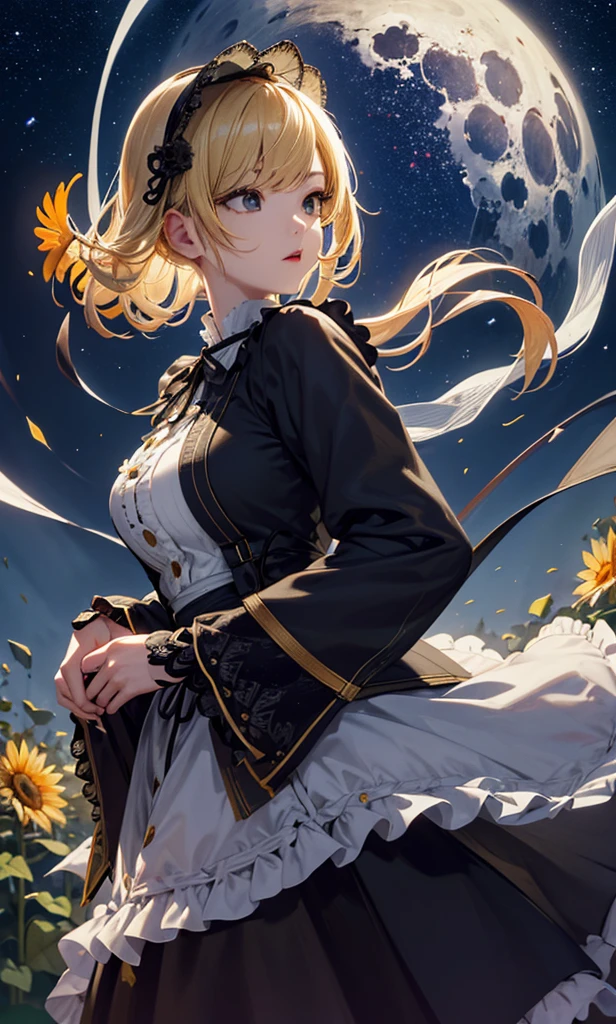 masterpiece, high quality, 4K, Beautiful design, silhouette，blonde， 非常に詳細な夜のStarry Sky,Sunflower flower garden， wonderful, Finer details,  Very knowledgeable woman, Highly detailed solo, 1 female,Big Breasts，Gothic Lolita Fashion，Night view，Starry Sky，full moon，