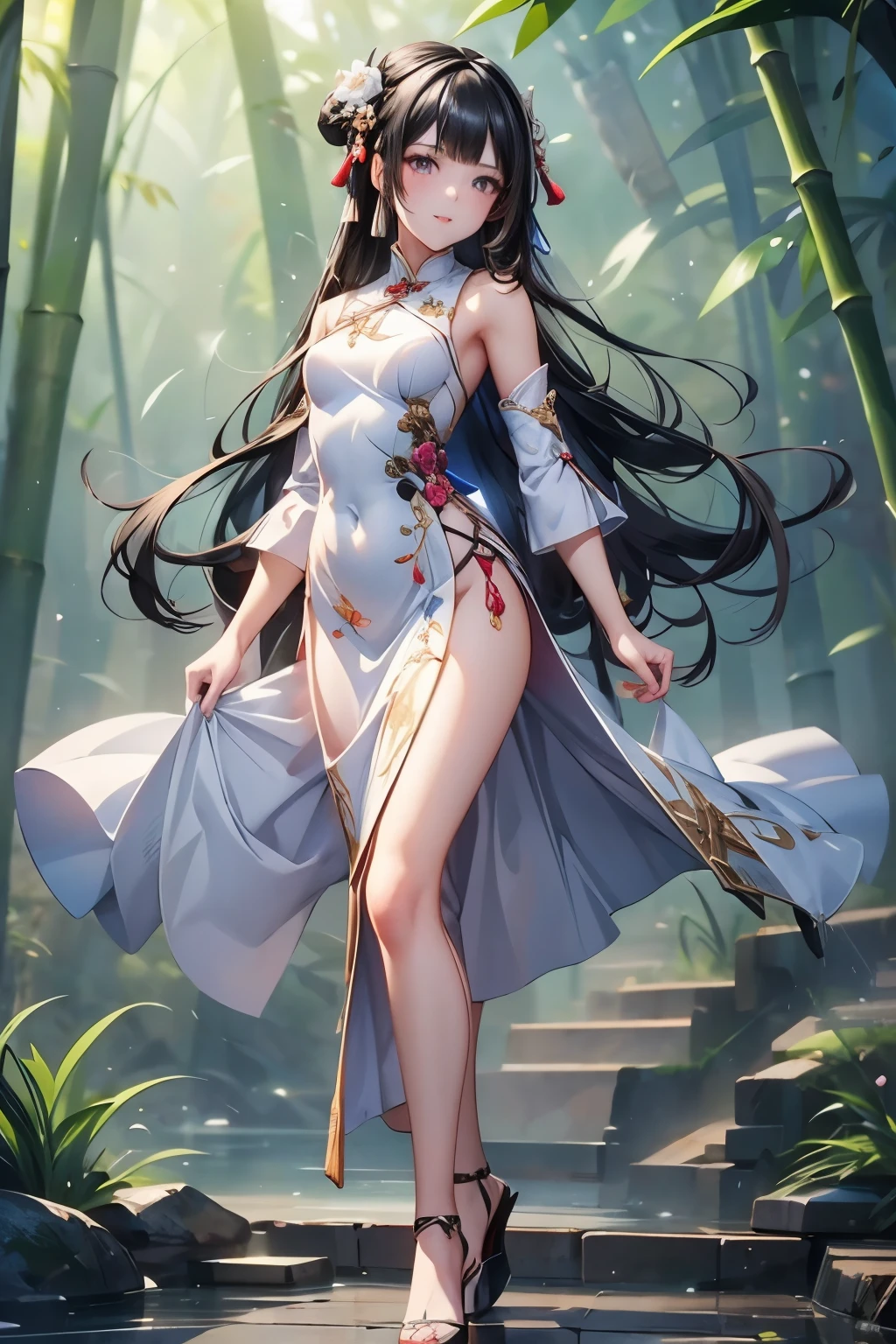 masterpiece,Highest quality,Very detailed,beautiful girl,Beautiful white patterned Chinese dress,Exercise martial arts,Fearless smile, teenager,Black Hair,Beautiful and detailed eyes,skinny,Small breasts, full body,Dynamic,bamboo forest