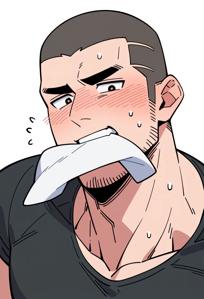 anime characters:Priapus, Muscle Sports Student, Buzz Cut, Manliness, male focus, Dark black tight T-shirt, Very tight, Sweat soaks clothes, full and perky chest muscles, muscular male, muscular, only, Upper body, Perfect muscular waist, alone, Black short hair, Thick eyebrows, stubble, Brown-red pupils, White background, simple background, amazing quality, best aesthetics, Ridiculous, crew cut, blush, mouth hold, Biting a white cotton towel in the mouth, embarrassed, shy, endured face, negative space, best quality