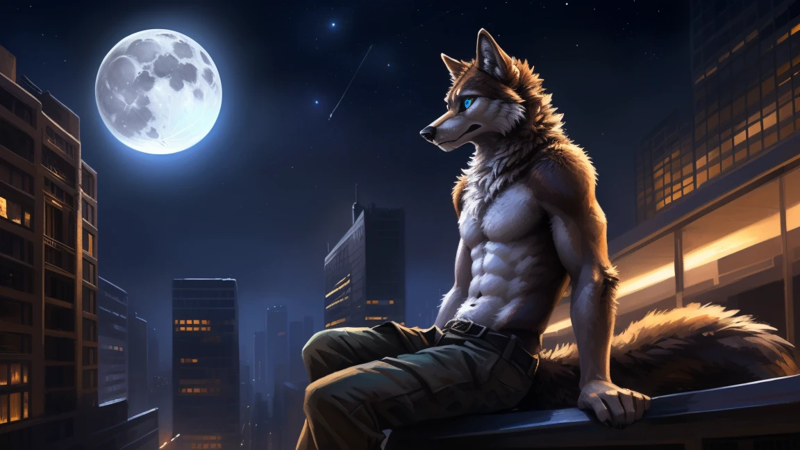 ((Solo)), male people, anthro wolf, (Multi-colored fur, White-brown:1.3), ((Wolf face, Big eyes, White eyelids, Blue pupil, Slim:1.2) (Tough, Calm expression:1.2)), (Height 2.1 meters,Tail length 1.5m), Abs, Slim, pinging, (Correct anatomy), (Contour bone:1.2), The upper body is naked, (detailed outfits), a long large tail，Feet，(Realistic fur, Detailed fur texture, labeled:1.3)), (Natural lighting), Photorealistic, Hyperrealistic, ultradetailed, by Kenket，In the modern city，Roof，the night，Sit alone，Look at the full moon，It was dark，Starry