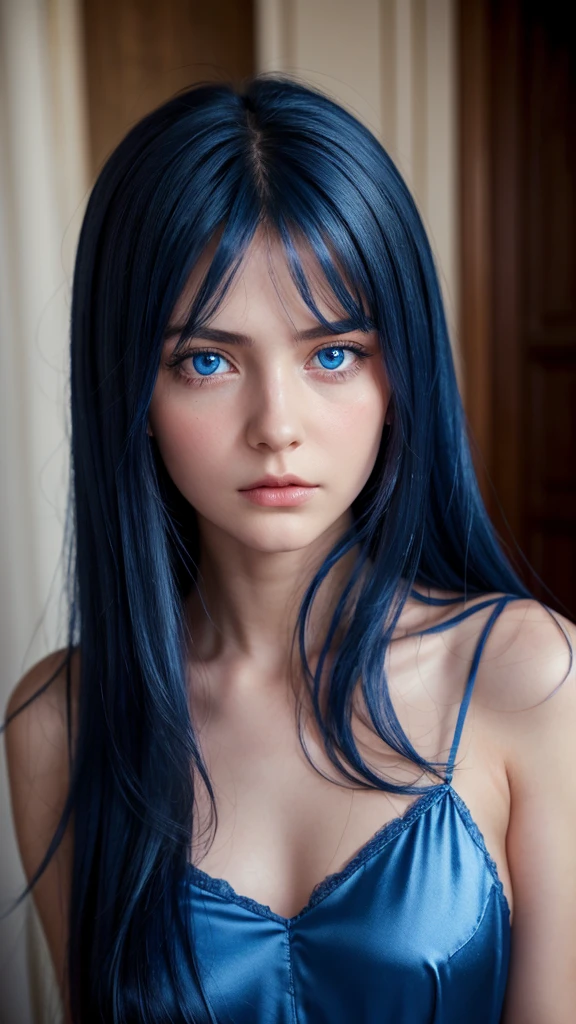 a girl.  face sent feeling.  Europe.  Oval face.  long face.  delicate facial features.  sad eyes.  seductively seductive.  blue eyes.  long straight hair.  blue hair.  Sad and disappointed expression.  silk nightgown.