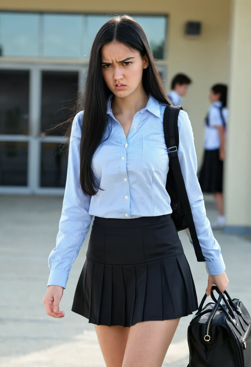 At school, a young woman, forehead, long black hair, black short skirt, bag, angry, inappropriate, Awesome details, 4K