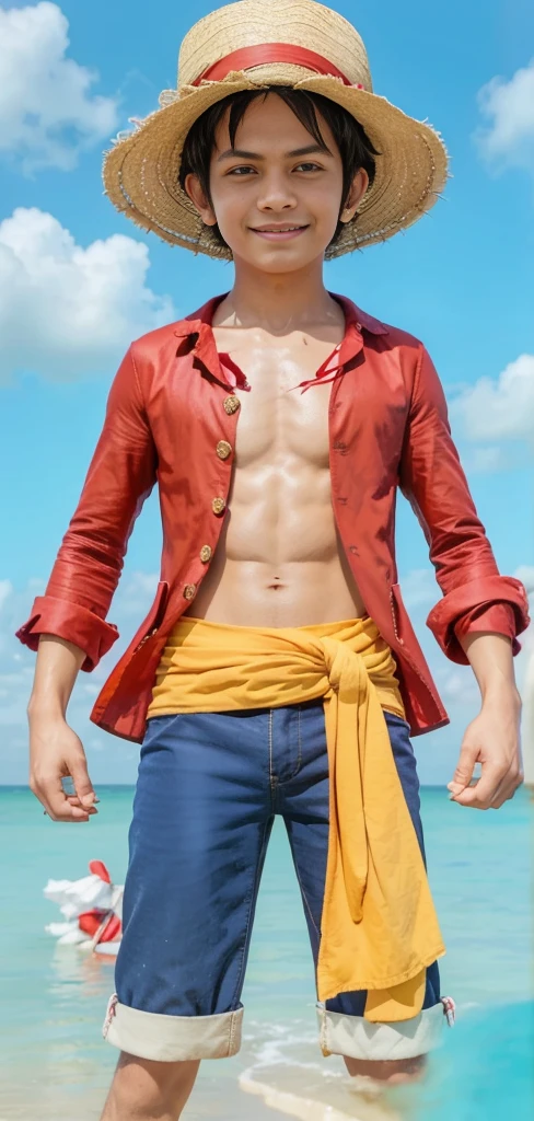 Realistic, highres, ey d. Luffy from one piece, A 19-year-old young man with short black hair, wearing a straw hat with a red ribbon. He is dressed in an open red jacket without butt revealing his muscular chest with a large X-shaped scar. Luffy is also wearing blue shorts and sandals. His hands are wrapped in bandages, and he is often seen with a wide smile and a confident posture. The background is a tropical island or ocean, reflecting his adventures as a pirate, realistic, cinematic, 4k