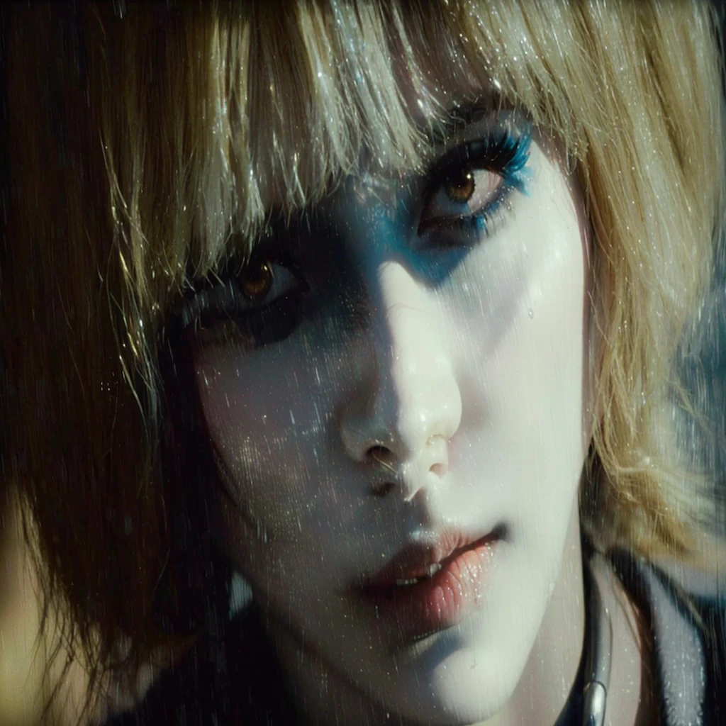 candid photo of the Blade Runner (1982) replicant named Priscilla "Pris" Stratton with iconic makeup alone on the street in the rain --style raw --s 0 --ar 10:16 --v 6.0