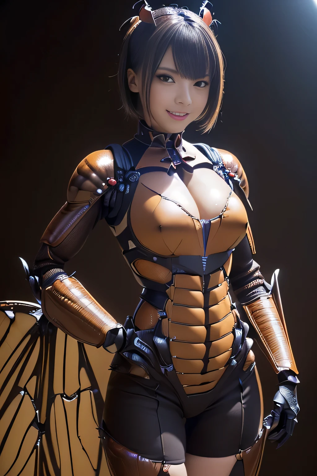 (high resolution,masterpiece,best quality,extremely detailed CG, anime, official art:1.4), realistic, photo, amazing fine details, all intricate, gloss and shiny,awesome many layers, 8k wall paper, 3d, sketch, kawaii, illustration,( solo:1.4), perfect female proportion,villainess, (fusion of dark brown cockroach and lady:1.4), (brown cockroach form lady:1.2), (brown cockroach lady:1.2), (fusion:1.2), (solo:1.4), (evil smile:1.2), muscular, abs, (cockroach brown exoskeleton bio insect suit:1.4), (cockroach brown exoskeleton bio insect armor:1.2), (brown transparency cockroach wing:1.4), (brown cockroach antennae:1.3),