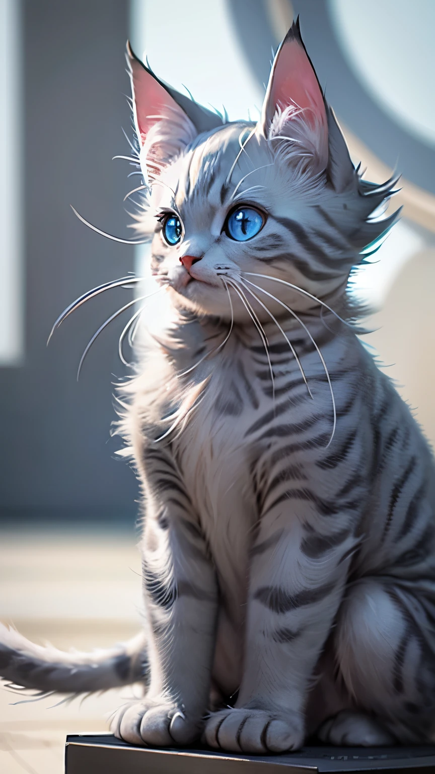 ((gray kitten)), with big blue eyes, ((only gray fur)), It is on the planet Namec, Capsule corporation, combat clothing from the dragon ball series, waving the paw in the air, curved pata, in focus, beautiful, adorable eyes, depth of field, Dreamer, trend on Artstation, depth of field, bokeh, chromatic aberration effect, Siamese cat, house cat, profile shot of face, sitting, white room, (small black ears), (black nose), beautiful adult cat,