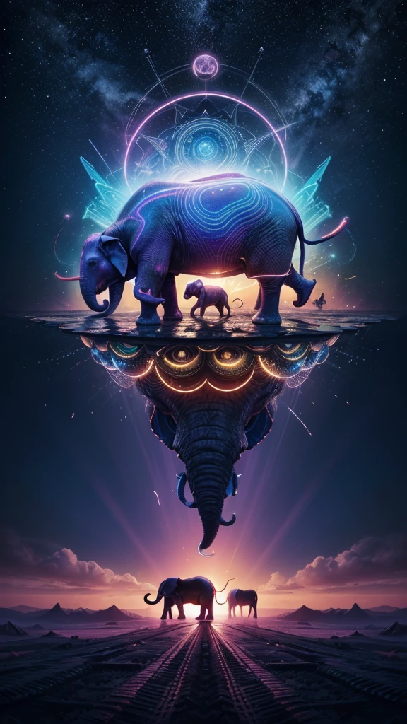 psychedelic surreal elephant giant elephant herd marching futuristic vibrant dreamlike landscape intense contrasting colors abstract floating geometric shapes neon lights kaleidoscopic sky starry sky powerful mysterious hypnotic energy pulsing psychedelic vibe