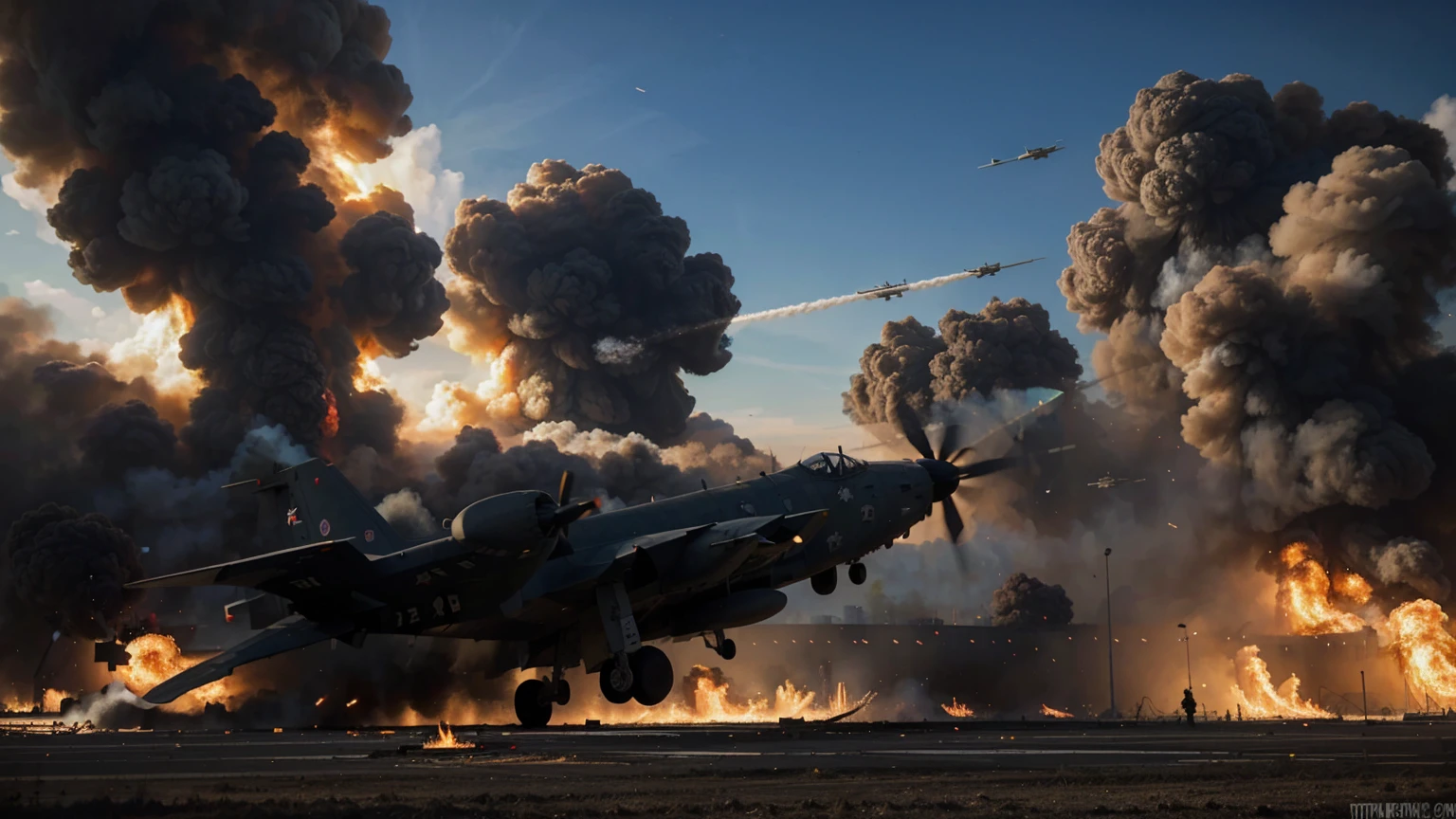 DRAW A PICTURE OF MILITARY PLANES ATTACKING THE CITY UNTIL THERE WAS A HUGE FIRE EXPLOSION