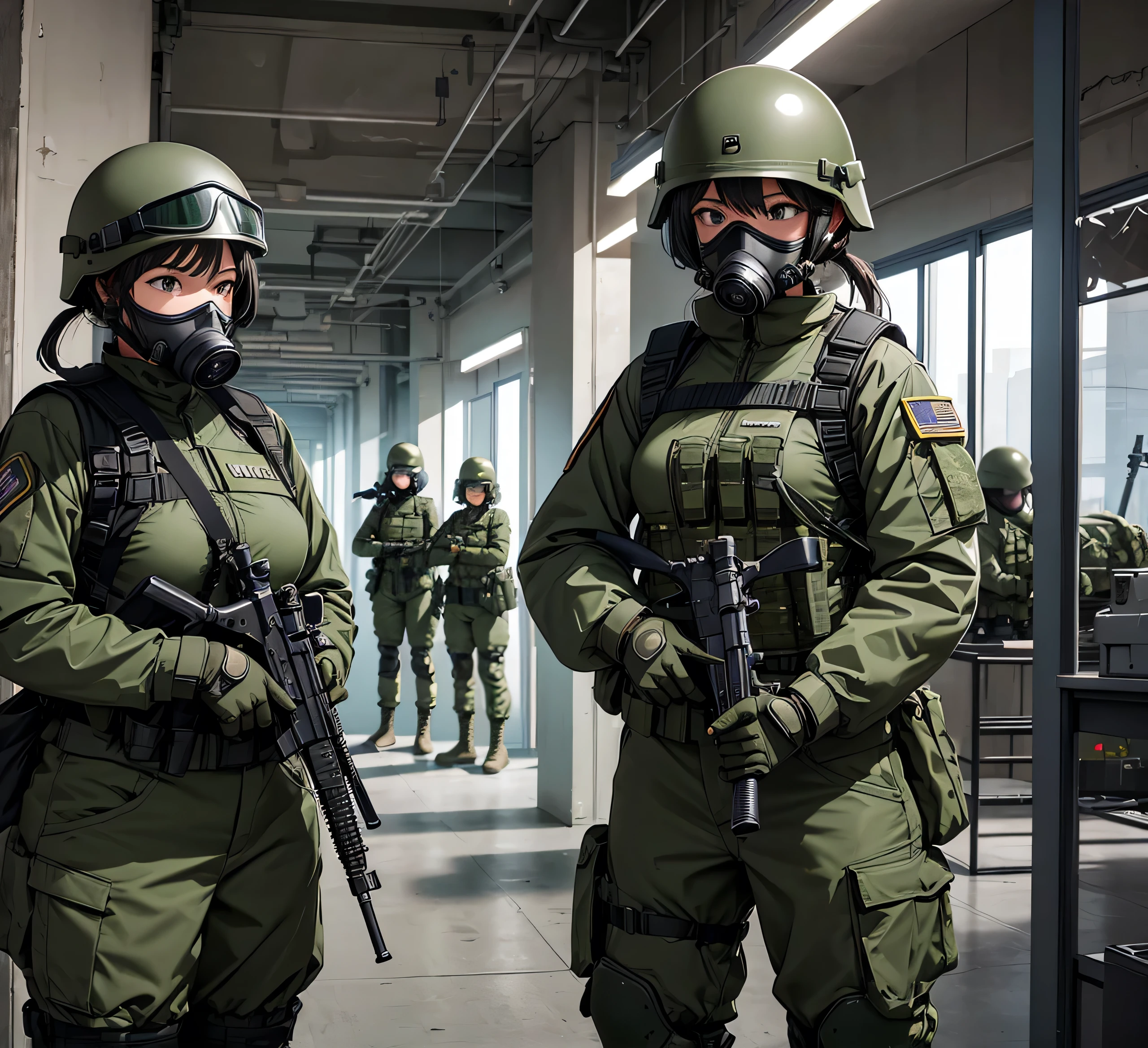 A group of female special forces soldiers wearing helmets、Standing guard in the barracks、Wearing dark green M-51 military uniform、Gas Mask、Goggles、Bulletproof vests、Knee pads、Write details、masterpiece、best quality、Highly detailed CG、8K picture quality