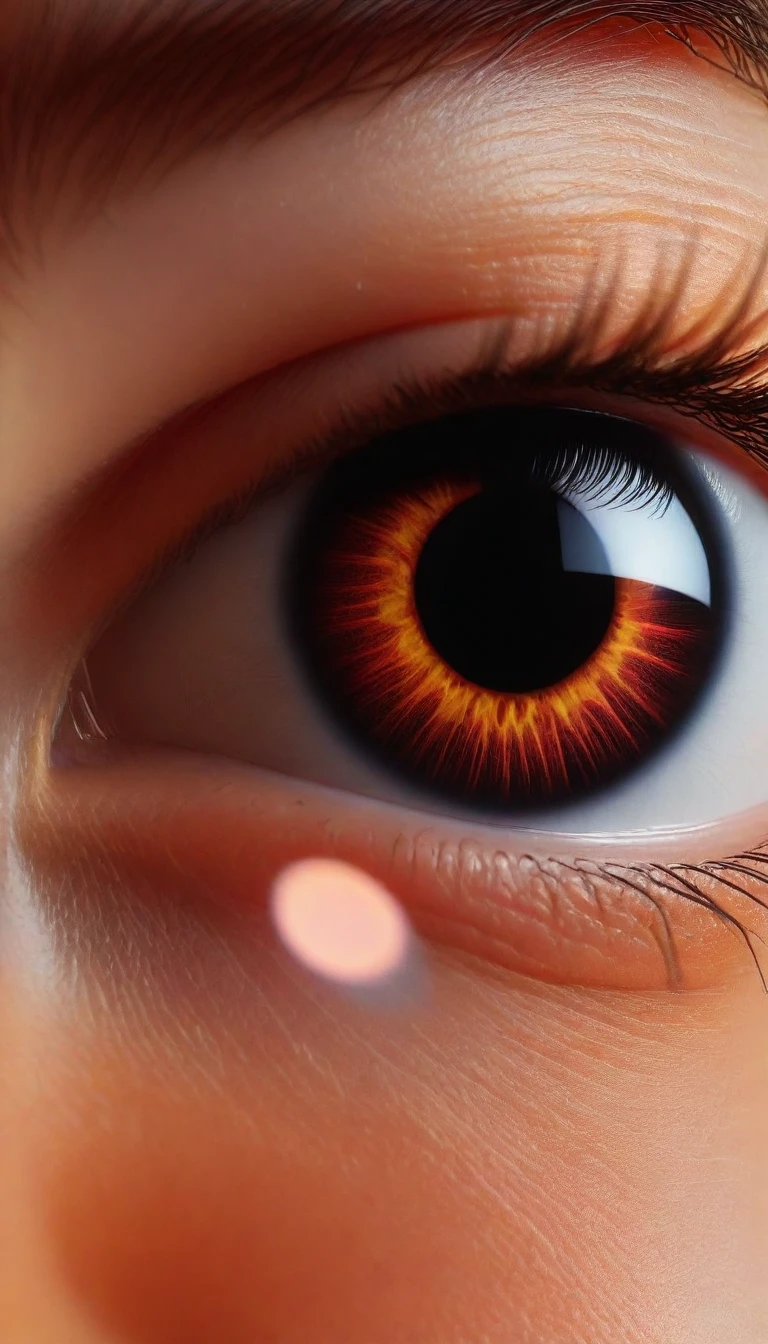 An orange and red eye with Japanese symbols on it and a focus only on the eye 8k