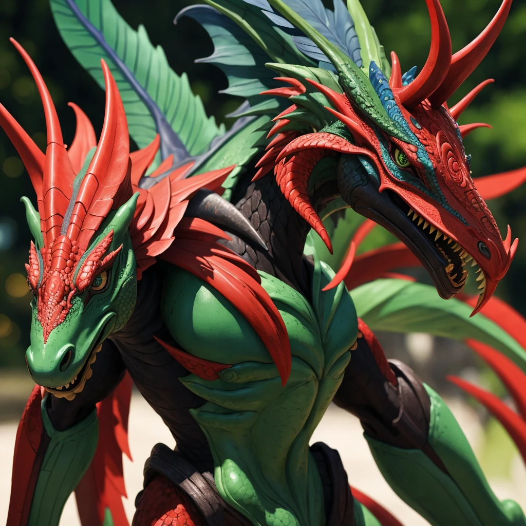 Dragão, cor verde, vermelho e preto, ameaçador, cores vividas, ninja (masterpiece: 1.2) (realistic: 1.2) (bokeh) (best quality) (detailed skin: 1.3) (intricate details) (8K) (detail eyes) (sharp focus), 