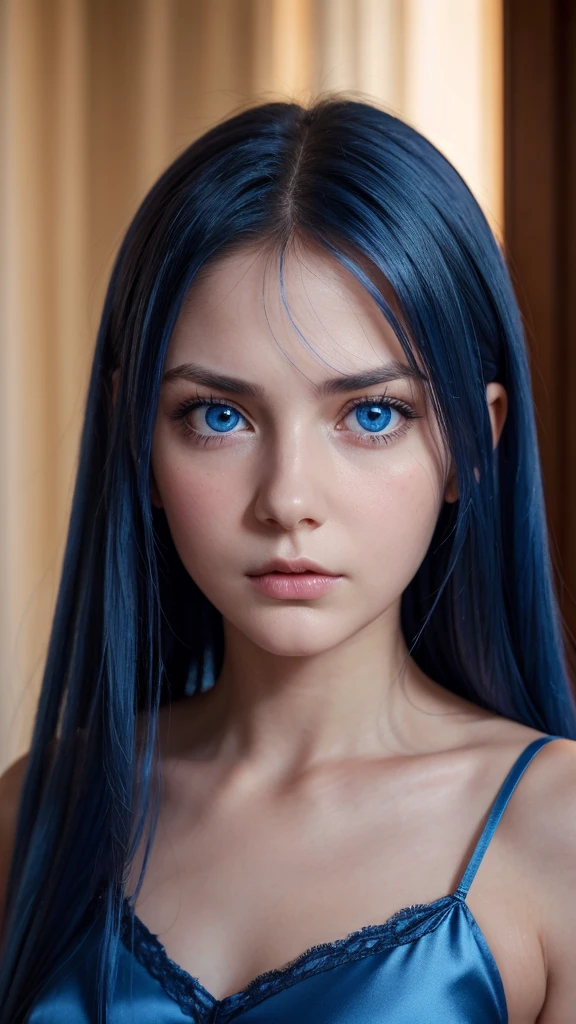 a girl. face sent feeling. Europe. Oval face. long face. delicate facial features. sad eyes. seductively seductive. blue eyes. long straight hair. blue hair. Sad and disappointed expression. silk nightgown.