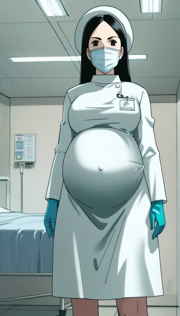 score_9,  score_8_up, score_7_up, source_anime, raw image, masterpiece, highest quality, kasuganoray, pale skin, attentive eyes, long black hair, big breasts, scrubs, surgical mask, bouffant cap, long sleeve maternity dress, put on another long sleeved coat, seamless, navel head, the dress isn't wrinkled, long white stockings,
1girl, pregnant, solo, long rubber gloves, looking down, look at viewer, furrowed brow, hospital bed, light shines from the ceiling, standing, patient room background, she is inquiring about the patient's condition