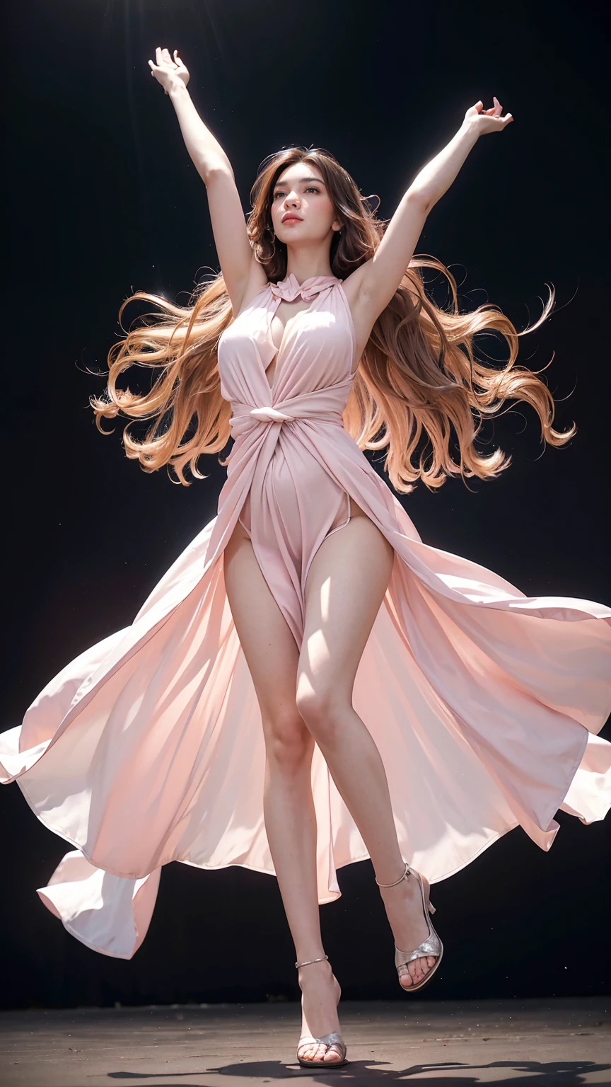 Angelic girl, pink wavy hair, hair blown by strong winds, her feet is off the ground, flying, posing in the middle, symmetrical pose, extremely beautiful, transparent long dress with high slit, fit body, ((full body)), facing viewers, ((arms outstretched)), open legs, thighs gap, looking up, surrounded by glowing lights, backlight, expansive nature view in the background, from below,epic details, high resolutions, realistic skin,