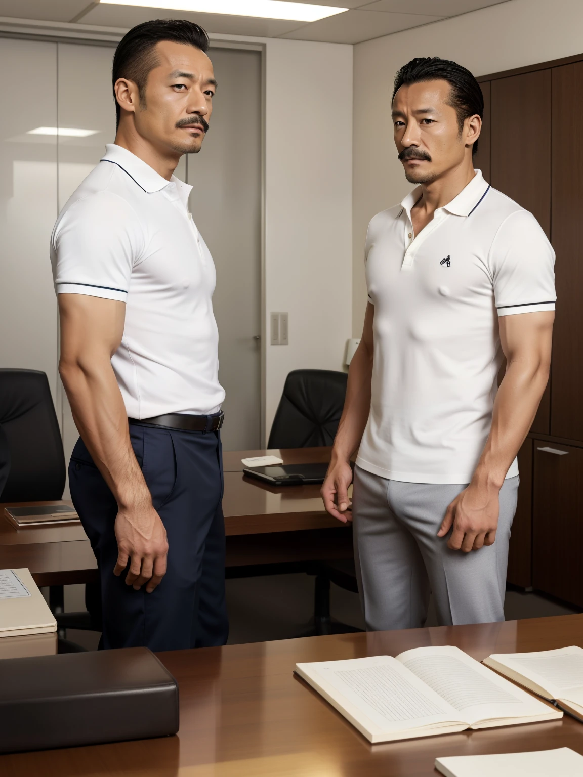 40 years old,Hidetoshi Nakata,(Kogoro Mori 1.3),Two skinny muscular men standing,office,whole body,Black socks,Thick body hair,White underwear,Topless,Densely hairy,Fortitude,HD,With a mustache,Polo Shirt