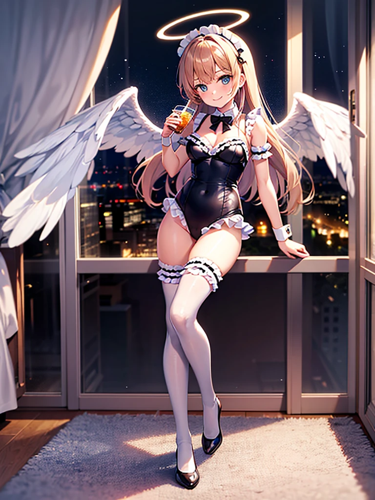 ((Highest quality)), ((masterpiece)), ((detailed)), (4K), (nsfw), 1girl, 独奏, wings, cross earrings, underwear, panties, side-tie panties, feathered wings, shirt, black panties, breasts, Angel wings, long hair, navel, curtains, jewelry, untied panties, open clothes, blonde hair, sitting, earrings, cross, white shirt, looking at viewer, jar, tongue, off shoulder, window, tongue out, open shirt, long sleeves, small breasts, untied, water, wet