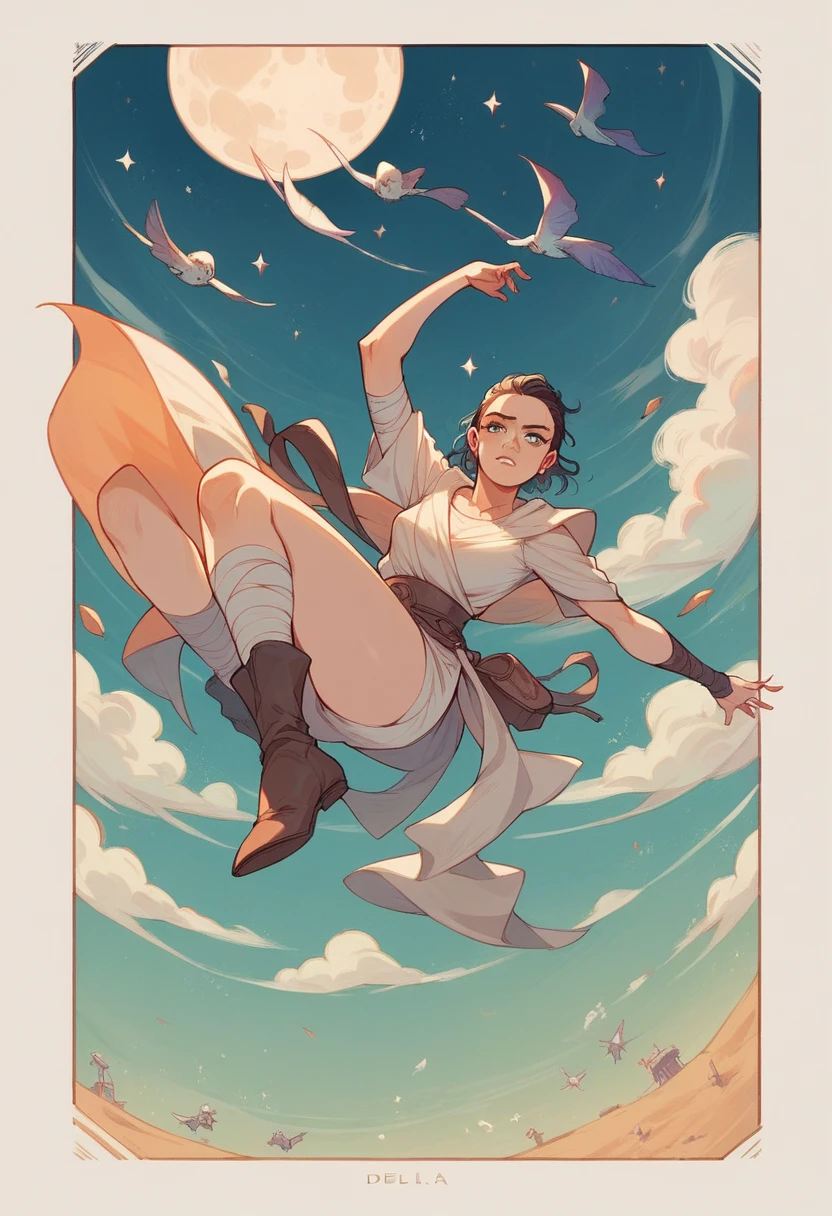 Create a lana del rey poster falling with a moon in the background and a night beach landscape with some houses on the sides adding warm tones according to the atmosphere with lana del rey