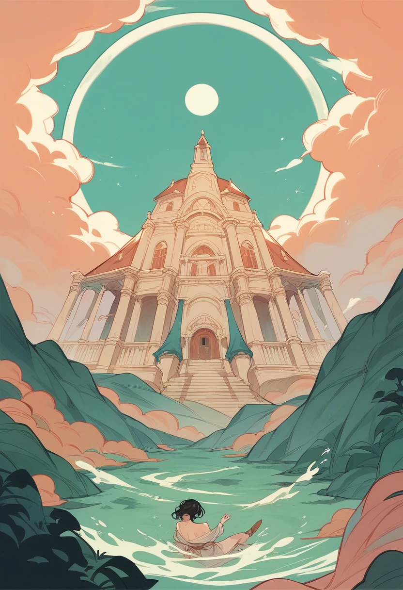 Create a lana del rey poster falling with a moon in the background and a night beach landscape with some houses on the sides adding warm tones according to the atmosphere with lana del rey
