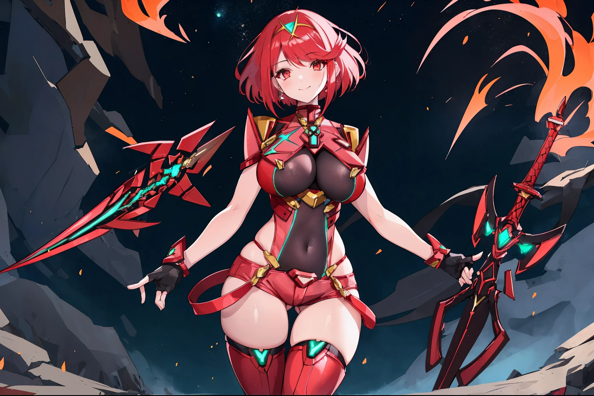 pyra \(xenoblade\), young__1girl, armor, bangs, black gloves, breasts, red eyes, closed mouth, earrings, eyelashes, fingerless gloves, floating hair, framed breasts, gem, gloves, hair ornament, headpiece, jewelry, big_breasts, leaning back, leotard, neon trim, official art, pose, red hair, red shorts, saitou masatsugu, short hair, short shorts, short sleeves, shorts, sidelocks, skin tight, solo, standing, swept bangs, thighhighs, tiara, night_prairie_background, turtleneck, underbust, vambraces, xenoblade chronicles \(series\), (xenoblade chronicles 2), apart_legs, fire_effect,dynamic_pose_fighting,light_smile, (plump:1.1), big_ass,huge_sword, hold_large_sword_hilt, solo, covered_nipples, covered_pussy,