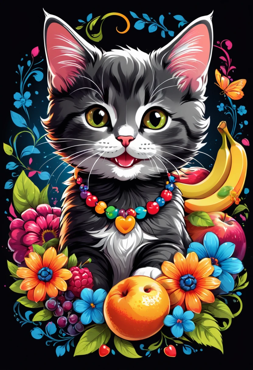  T-shirt designs, vectorial art, colorful illustration of a smiling kitten, At the center, swirly vibrant colors, flowers, fruits, high détail,black backdrop.t shirt design.
(work of art, best qualityer, proffesional, perfect composition, very aesthetic, absurdrez, super verbose, details Intricate:1.3)