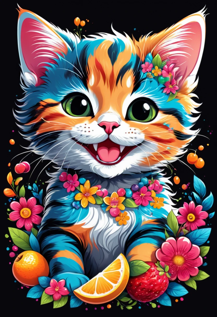  T-shirt designs, vectorial art, colorful illustration of a smiling kitten, At the center, swirly vibrant colors, flowers, fruits, high détail,black backdrop.t shirt design.
(work of art, best qualityer, proffesional, perfect composition, very aesthetic, absurdrez, super verbose, details Intricate:1.3)