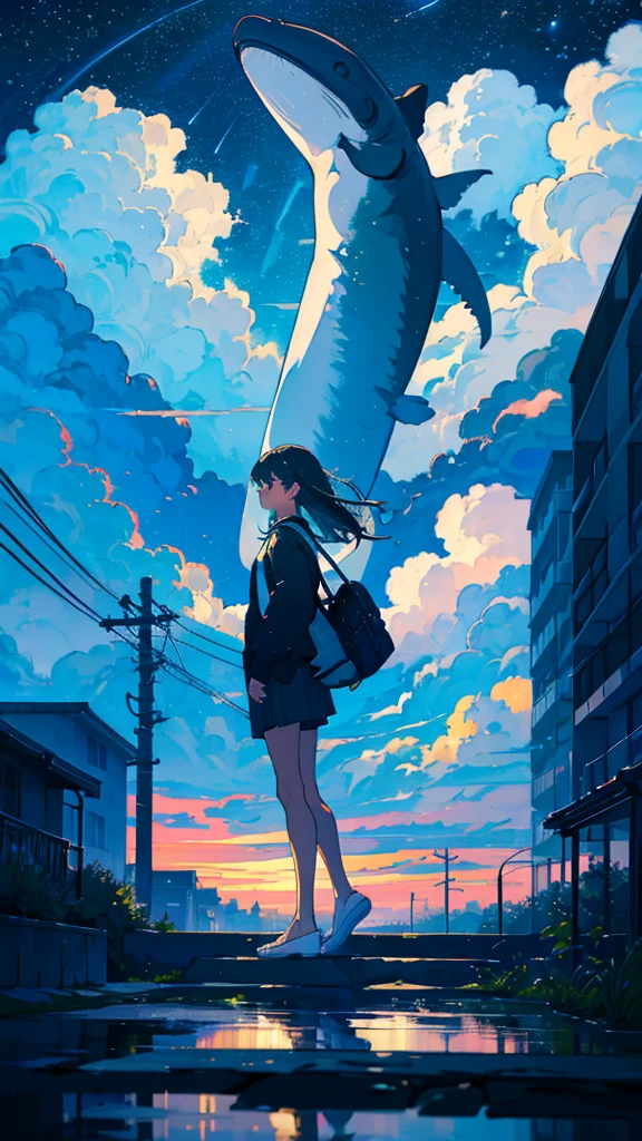 masterpiece, Exquisite detail,Highest quality, One girl, alone, handrail, cloud, Looking up at the buildings,Long Hair, zero, Long sleeve, Power lines, White footwear, Black Hair, View your viewers, Electric pole, bangs, cloudy zero, fish, bird, Green Eyes, Shorts, Day, Black Shirt, barefoot,Whale flying in the sky,Giant whale,night,Star,milky way,night,Pitch black,Buildings,Sitting, High quality anime art style，Standing painting，Splash ink background，Blue Themes,Clear Face,Distinct facial features