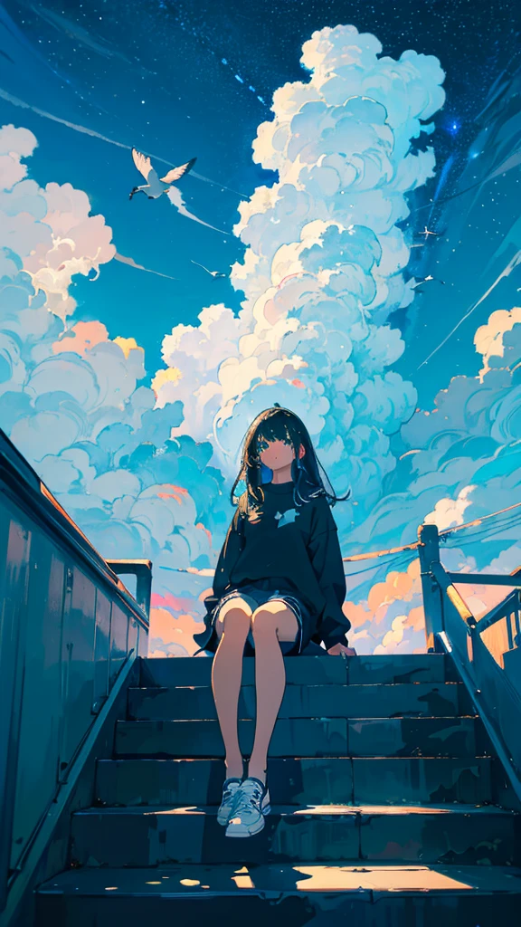 masterpiece, Exquisite detail,Highest quality, One girl, alone, handrail, cloud, Looking up at the buildings,Long Hair, zero, Long sleeve, Power lines, White footwear, Black Hair, View your viewers, Electric pole, bangs, cloudy zero, fish, bird, Green Eyes, Shorts, Day, Black Shirt, barefoot,Whale flying in the sky,Giant whale,night,Star,milky way,night,Pitch black,Buildings,Sitting, High quality anime art style，Standing painting，Splash ink background，Blue Themes,Clear Face,Distinct facial features