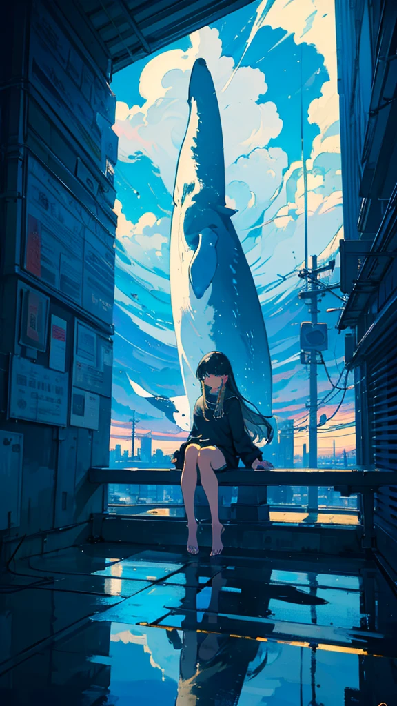 masterpiece, Exquisite detail,Highest quality, One girl, alone, handrail, cloud, Looking up at the buildings,Long Hair, zero, Long sleeve, Power lines, White footwear, Black Hair, View your viewers, Electric pole, bangs, cloudy zero, fish, bird, Green Eyes, Shorts, Day, Black Shirt, barefoot,Whale flying in the sky,Giant whale,night,Star,milky way,night,Pitch black,Buildings,Sitting, High quality anime art style，Standing painting，Splash ink background，Blue Themes,Clear Face,Distinct facial features
