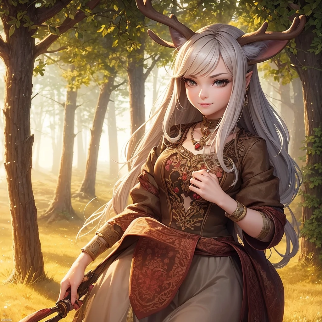 Create an illustrated, hand-drawn, full-color image of an anthropomorphic reindeer women. The artwork should be rendered in the style of "Breath of the Wild," featuring warm lighting and shadows. Include graphite shading, stencil marks, and airbrushed acrylic paint effects. The image should be of the highest quality, a masterpiece with intricate details. The deer women should have a female, humanoid, furry appearance with grey skin. She should have luscious lips, a wide smile, and bright, expressive eyes, exuding beauty, cuteness, and adorableness. Ensure the image is high resolution and sharply detailed, with a detailed and vibrant background. Incorporate mystical lighting in the background, creating a romantic and enchanting atmosphere. ....Fold