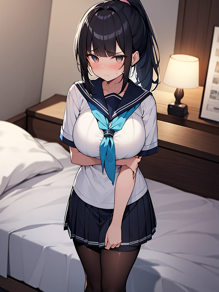 Full body view White sailor suit short sleeves:1.9 Sleeve color is white, dark blue scarf, dark blue collar, dark blue uniform pleated skirt:1.9 Black half tights, ponytail, white underwear:1.3. Anime drawings with vivid colors. Standing tall woman:1.9 Sweat, breasts, troubled face, glaring, wrinkled brows, flushed cheeks, night:1.3 Apartment bedroom, white sheets, short black hair, ponytail:1.9 Straight hair, bangs swept to the side:1.9. Slanted eyes, brown eyes, tall, big breasts, strong-willed, beautiful