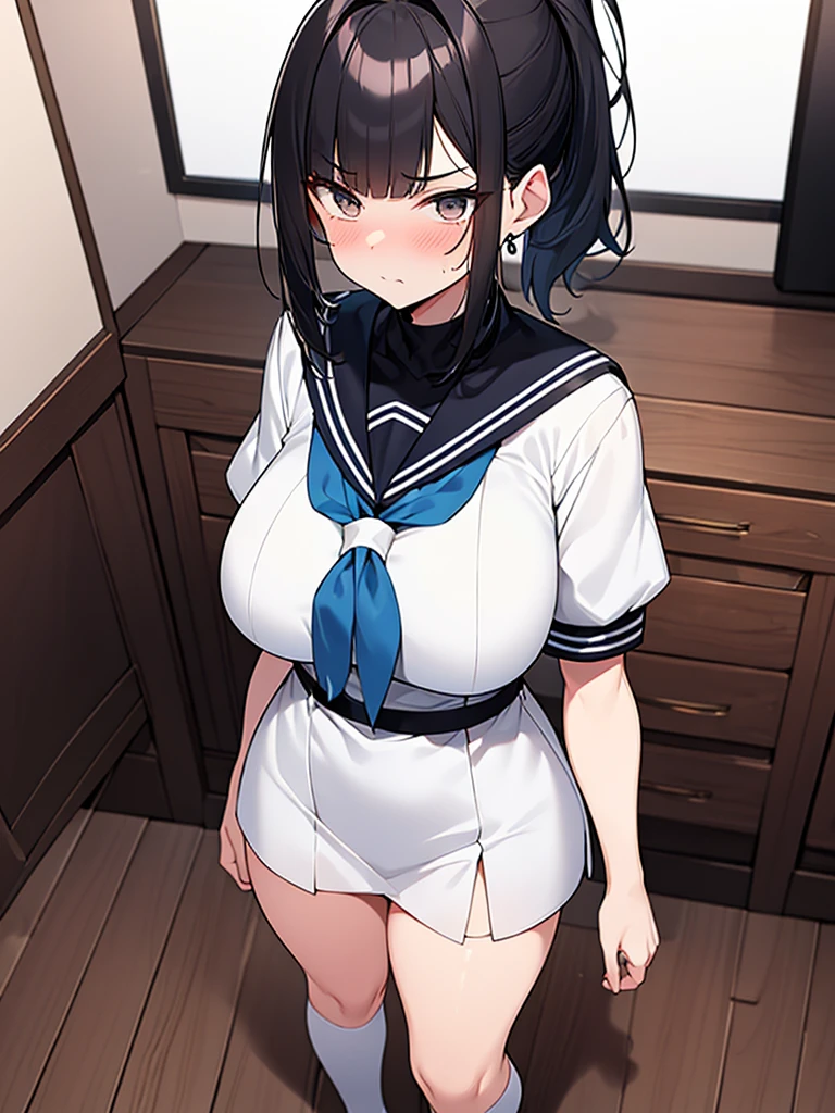 Full body view White sailor suit short sleeves:1.9 Sleeve color is white, dark blue scarf, dark blue collar, dark blue uniform pleated skirt:1.9 Black half tights, ponytail, white underwear:1.3. Anime drawings with vivid colors. Standing tall woman:1.9 Sweat, breasts, troubled face, glaring, wrinkled brows, flushed cheeks, night:1.3 Apartment bedroom, white sheets, short black hair, ponytail:1.9 Straight hair, bangs swept to the side:1.9. Slanted eyes, brown eyes, tall, big breasts, strong-willed, beautiful