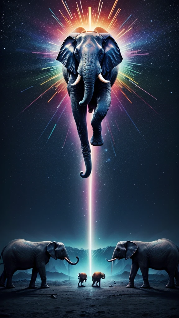 psychedelic surreal elephant giant elephant herd marching futuristic vibrant dreamlike landscape intense contrasting colors abstract floating geometric shapes neon lights kaleidoscopic sky starry sky powerful mysterious hypnotic energy pulsing psychedelic vibe