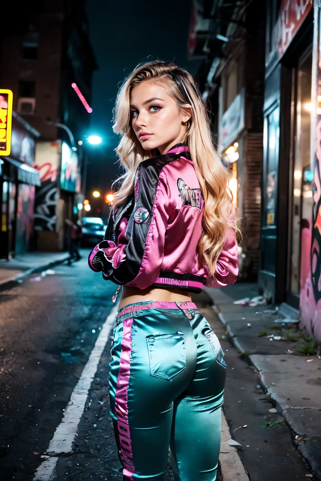 (Ultra-detailed eyes), (((textile shading))), (((Best Quality))), (((materpiece))), (((Ultra-detailed CG))), tow girls 20 years old american girl, (((magical little girl))), (Petite), (tiny chest), blonde wavy hair with pink streaks, ((gorgeous hair)), Pink eyes, (((punk girl, satin jacket, y2k ripped satin Shorts))), ((striking a pose)), (((Game CG)) (gorgeous, sassy, it girl), fancy jewelry, graffiti-covered walls,neon lights,vibrant colors,night scene,gritty atmosphere,4K, strong punk atmosphere, cowboy shot, midshot, centered image, eye on camera, daylight,sexy Ass,