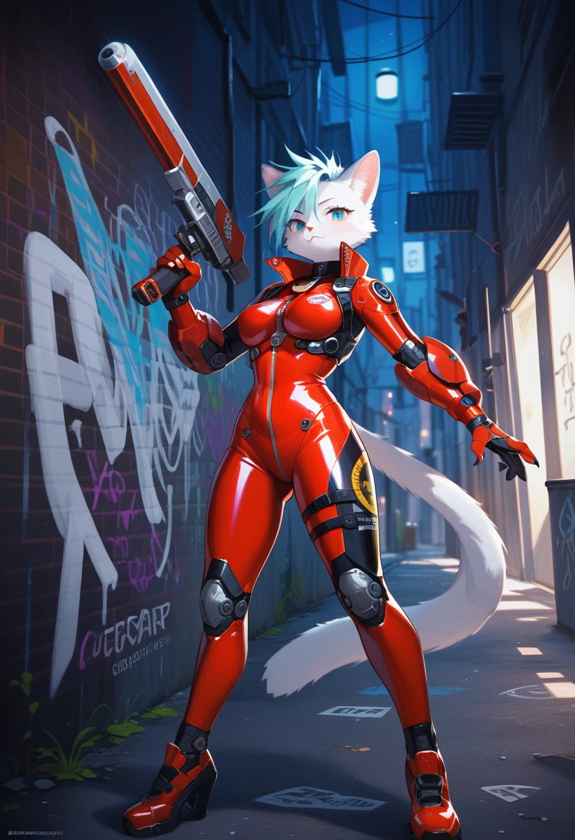 Highest quality, Highest quality, High quality illustrations, masterpiece, Ultra-high resolution, Detailed Background, Cyber City, Absurd, Perfect Anatomy, performance, Good lighting, Shadows in the movies(kemono, Furry PersonifiCation), Female Sergal, Black Skin, Rubber suit, Rubber suit, latex, neon, neonライト, neonカラー, Stick your butt out, Rubber spats, Red harness, latex corset, latex collar, juvenile, (null bulge: 1.8), (Massive boobs: 2.0), Dynamic Angle
