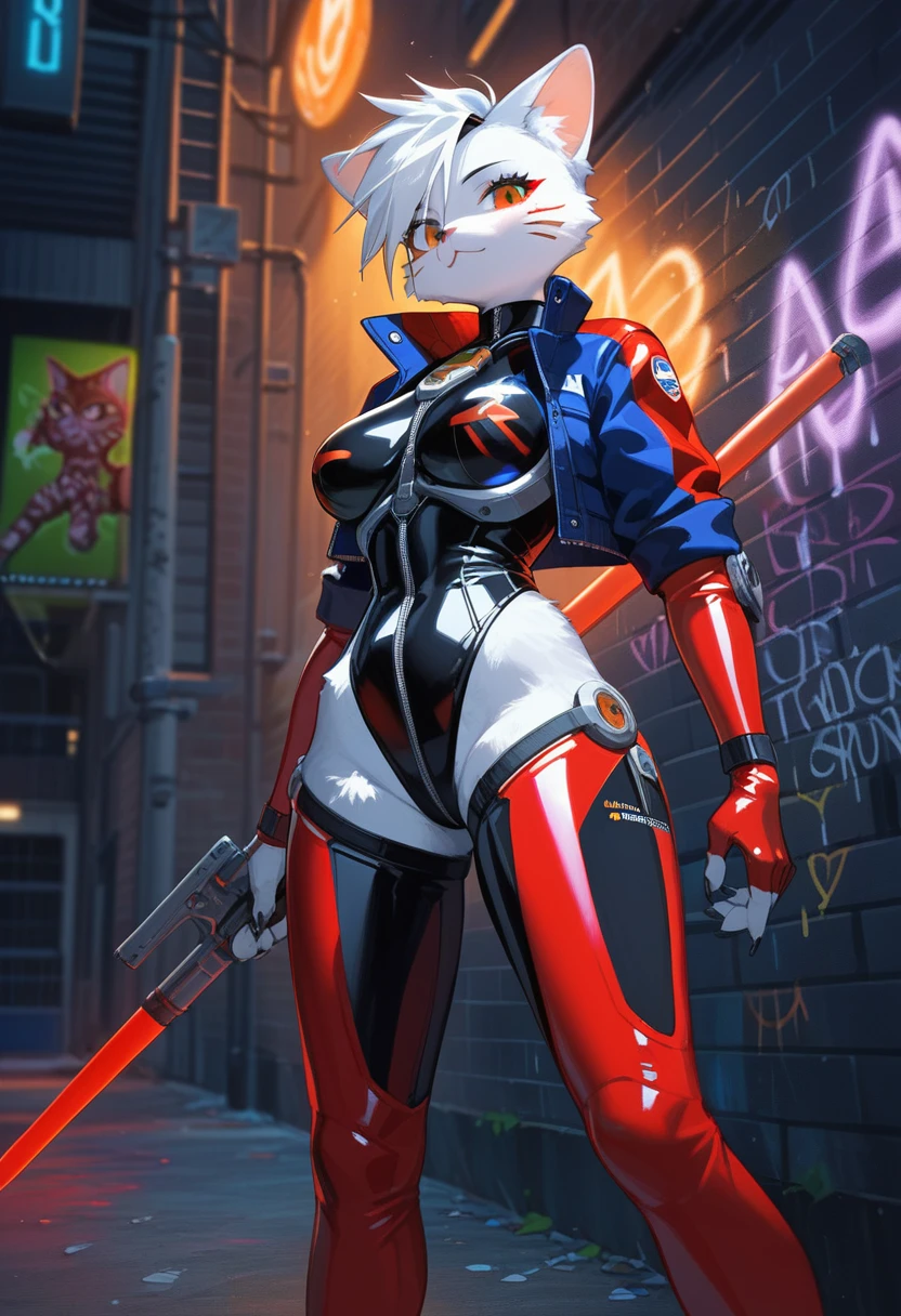 animation, Highest quality, Highest quality, High quality illustrations, masterpiece, Ultra-high resolution, Detailed Background, Alley, night, Graffiti art on the wall, Absurd, Perfect Anatomy, performance, Good lighting, Shadows in the movies(kemono, Furry PersonifiCation), Cat, woman, White Skin, Red Rubber Suit, latex, neon, neonライト, neonカラー, Bodysuits, Cyber Suit, Mech Suit, Rubber Half Jacket, cyber punk, Blade Runner, Holding a blade