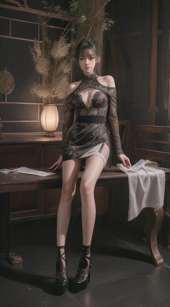 ultra-detail, high-res, ultra-detailed, bestquality, Marvel, Highest quality,Unified 8K Wallpapers, Cinematic lighting, Fully body image，Miss Asia，Japanese beauty model()，Haute couture and luxury clothing，short skirt, Open shoulders, Lace openwork fabric, Bang Sai