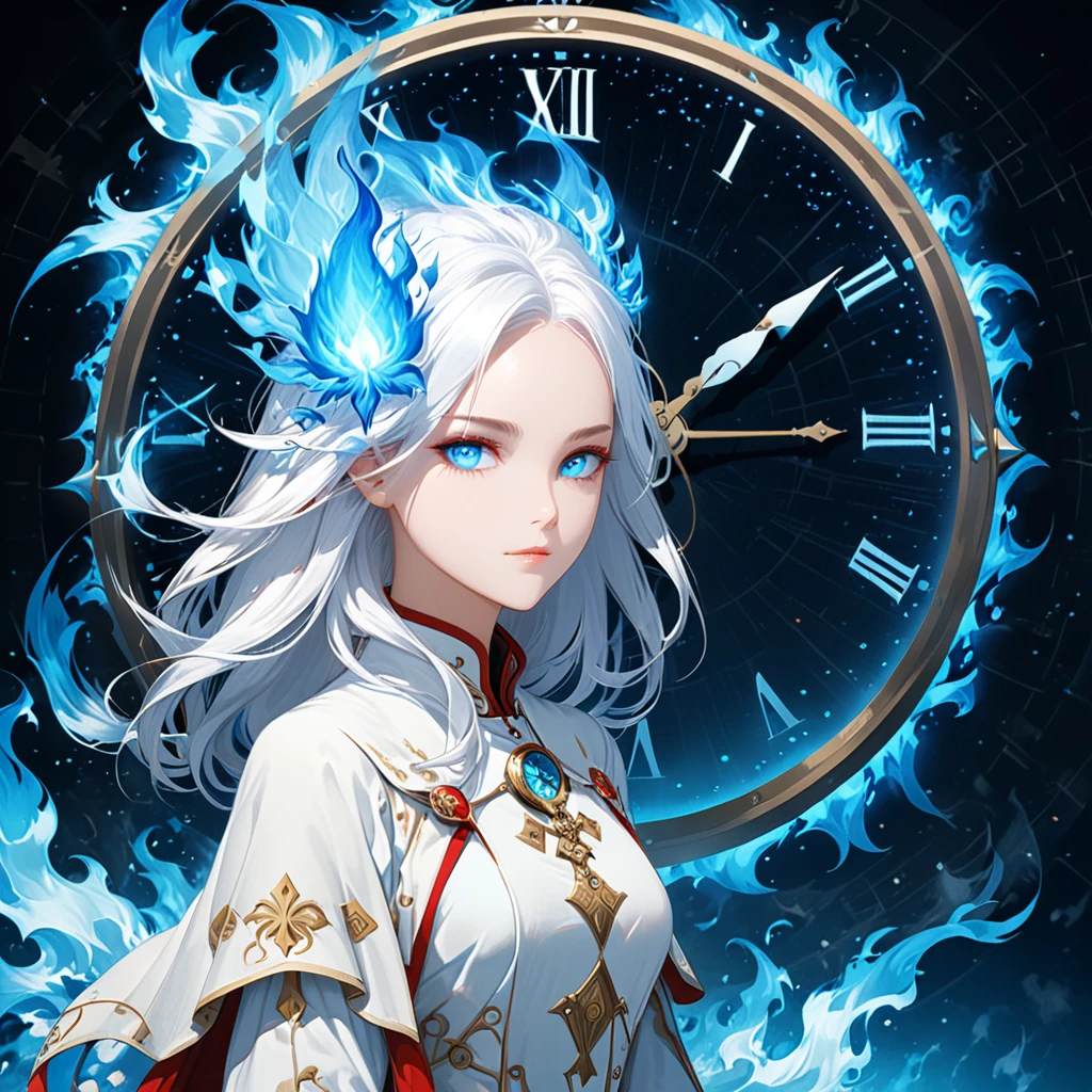 ((red and white checkered background)), checkered background,surrealist style,(depicting (((blue fire))) Elemental concept designed:1.2),(full_shot:1.2),space warp background,(clock_background:1.3),negative space composition,character design by liu ye,Nick Veasey,(long white hair:1.4),(white eyes:1.2),(white mechasuite:1.5),detail eyes,(pose:1.4),(the lines of movement of the wind:1.4),simple background,(elementalized body:1.1),
