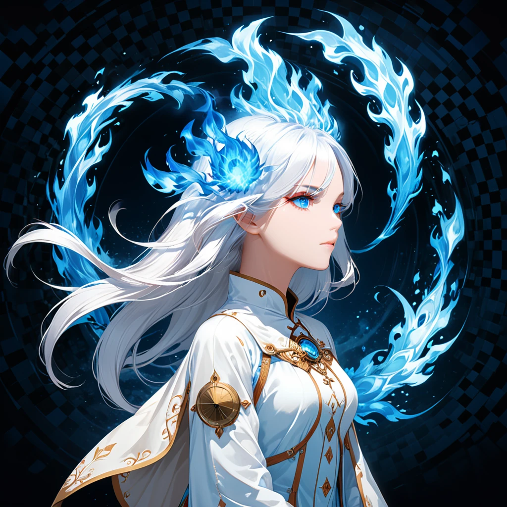 ((red and white checkered background)), checkered background,surrealist style,(depicting (((blue fire))) Elemental concept designed:1.2),(full_shot:1.2),space warp background,(clock_background:1.3),negative space composition,character design by liu ye,Nick Veasey,(long white hair:1.4),(white eyes:1.2),(white mechasuite:1.5),detail eyes,(pose:1.4),(the lines of movement of the wind:1.4),simple background,(elementalized body:1.1),