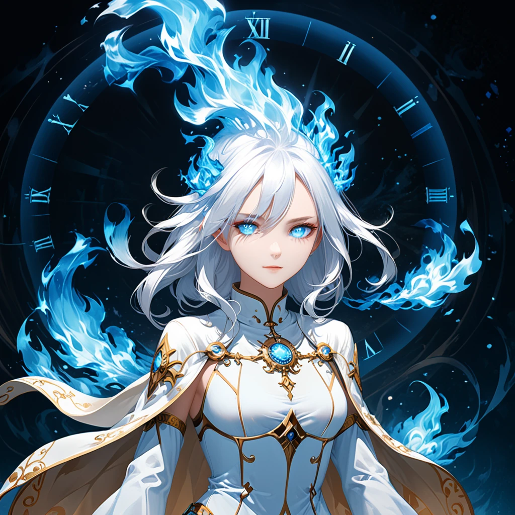 ((red and white checkered background)), checkered background,surrealist style,(depicting (((blue fire))) Elemental concept designed:1.2),(full_shot:1.2),space warp background,(clock_background:1.3),negative space composition,character design by liu ye,Nick Veasey,(long white hair:1.4),(white eyes:1.2),(white mechasuite:1.5),detail eyes,(pose:1.4),(the lines of movement of the wind:1.4),simple background,(elementalized body:1.1),
