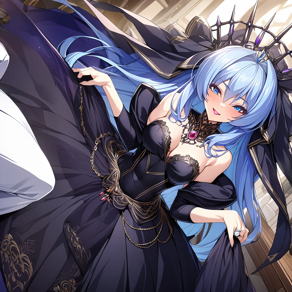 ((Highest quality)), ((masterpiece)), (detailed), (Perfect Face)、The woman is the evil queen, Extia, with medium-long blue hair, a gorgeous black wedding dress with gold embroidery and trim, a black wedding veil, an engagement ring, gorgeous accessories, lipstick and makeup, and a dignified, beautiful evil queen.、The woman is happily getting married in a posh church belonging to an evil organization.、the woman is pregnant