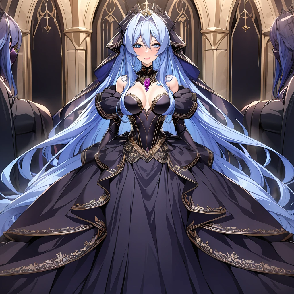 ((Highest quality)), ((masterpiece)), (detailed), (Perfect Face)、The woman is the evil queen, Extia, with medium-long blue hair, wearing a gorgeous black wedding dress with gold embroidery and trim, a black wedding veil, an engagement ring, and gorgeous accessories.、The woman is happily getting married in a posh church belonging to an evil organization.