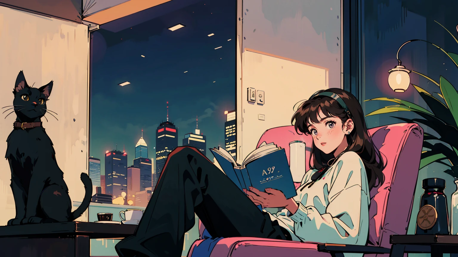 best quality, 8k, 1990s style,2010s hairstyles, 21 year old girl, black hair, long hair, light brown eyes, city pop, pants ,night view, wearing headphones,reading a book, whole body, relax coffee,table,confection,Looking at me, Black cat