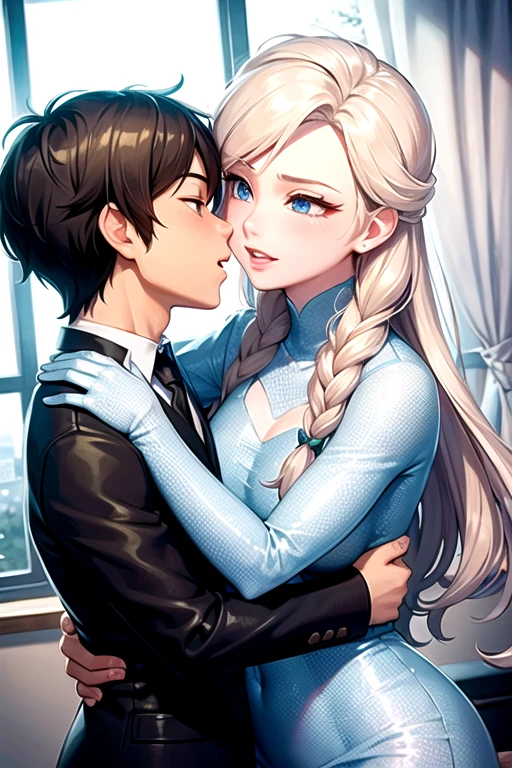 Anna and Elsa kissing their son in the office 