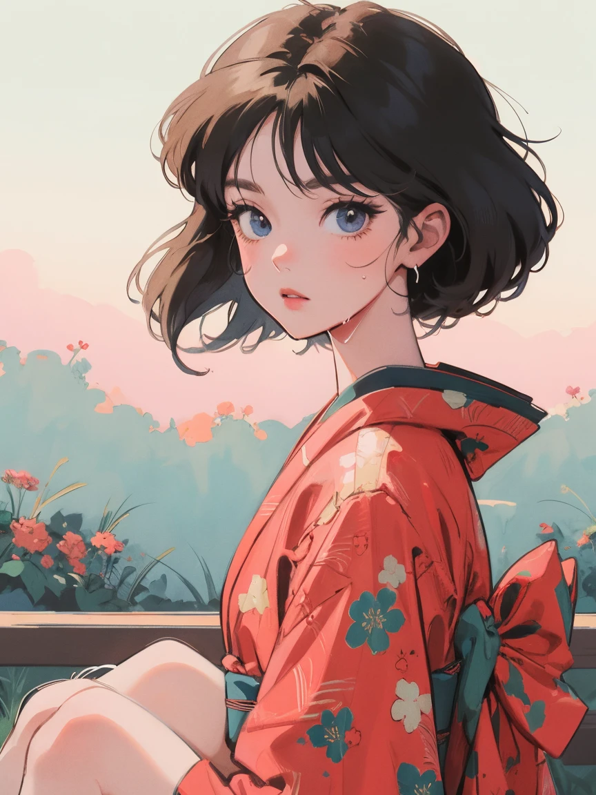 anime girl sitting on floor looking, anime aesthetic, anime vibes, Lofi Artstyle, Lo-fi portrait. anime, Lofty Girl, anime art wallpaper 4 k, anime art wallpaper 4k, anime art wallpaper 8 k, anime background art, Lofi Color, Lofi Art, anime asthetic, Short Bob, kimono, kimono, Countryside view, In nature, Wet day