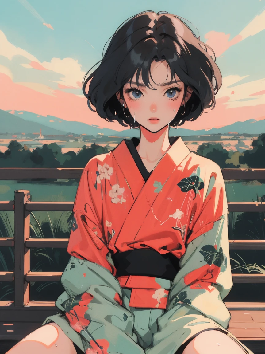 anime girl sitting on floor looking, anime aesthetic, anime vibes, Lofi Artstyle, Lo-fi portrait. anime, Lofty Girl, anime art wallpaper 4 k, anime art wallpaper 4k, anime art wallpaper 8 k, anime background art, Lofi Color, Lofi Art, anime asthetic, Short Bob, kimono, kimono, Countryside view, In nature, Wet day